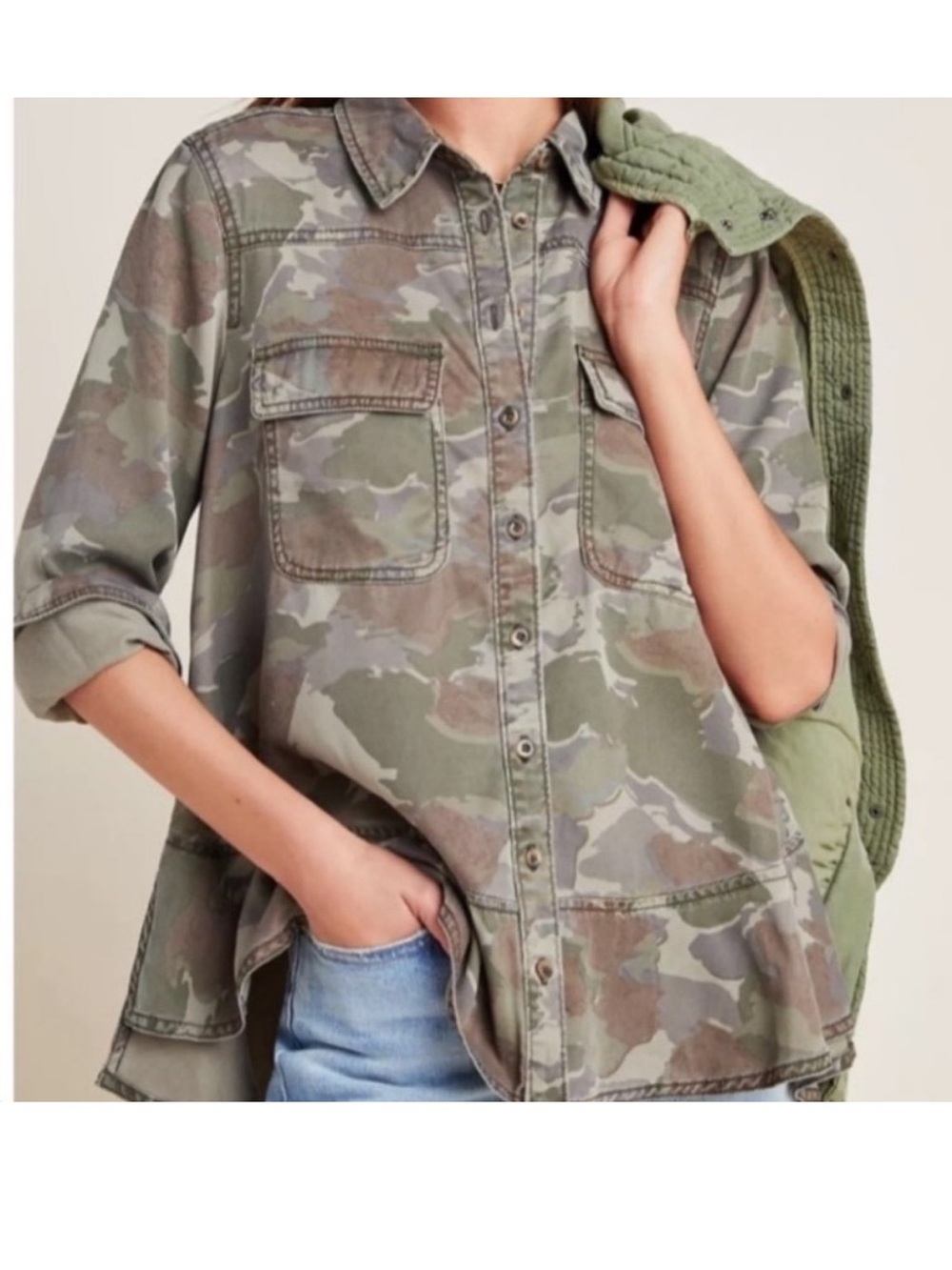 Anthropologie Montana Flounced Camo Button Down Top Size 4